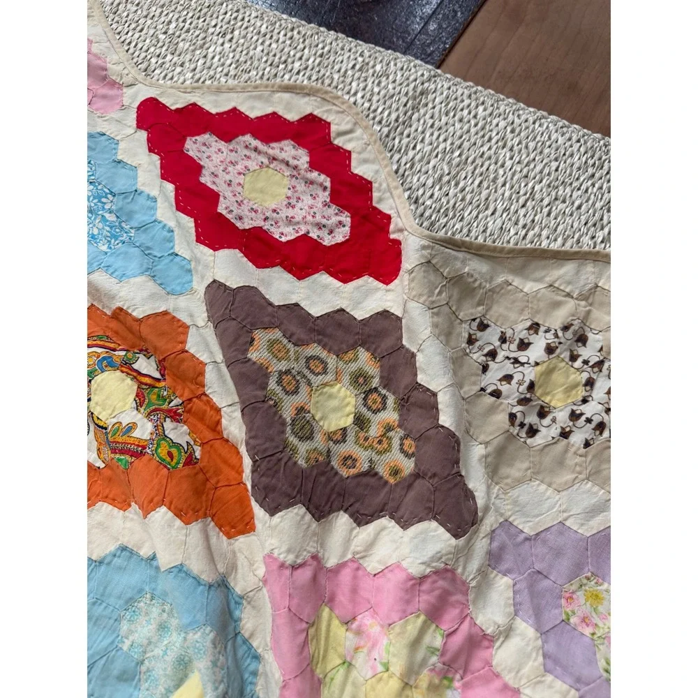 Vintage Handmade Grandmothers Flower Garden Patchwork Quilt Hexagon Multi 96x74